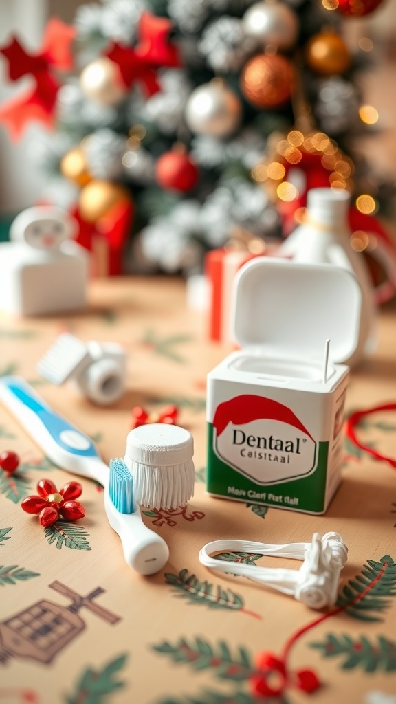 Dental care items on a holiday-themed table with Christmas decorations.